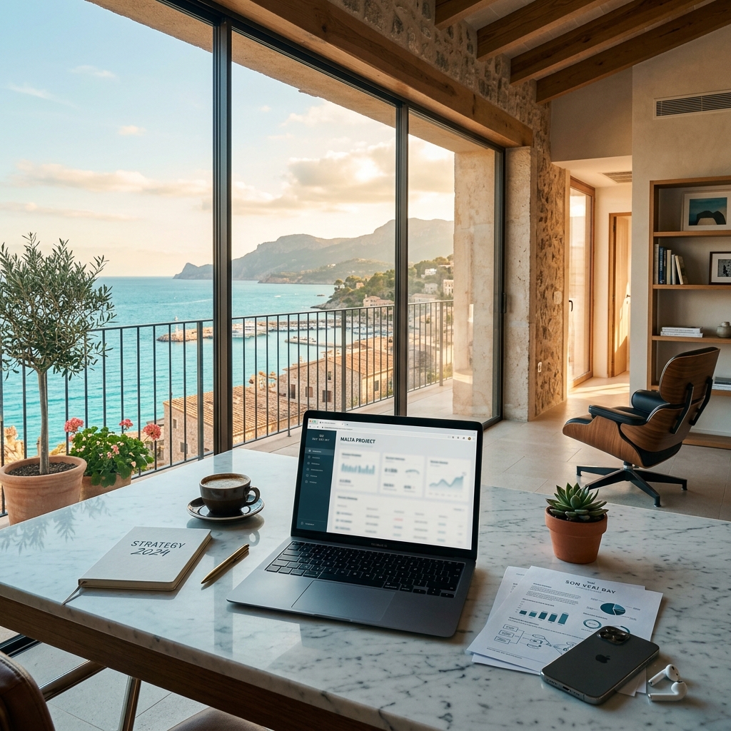 Moderner Arbeitsplatz mit Meerblick auf Mallorca