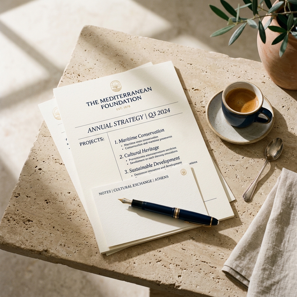 Editorial Flatlay von Dokumenten, Stift und Espresso auf einem Marmortisch