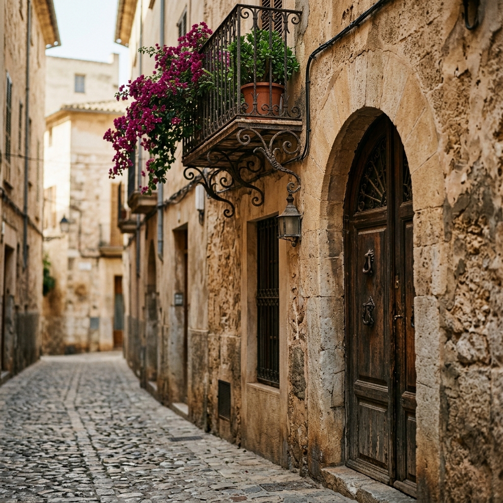 Traditionelle Mallorquinische Tür mit Bougainvillea — Qualität und Beständigkeit