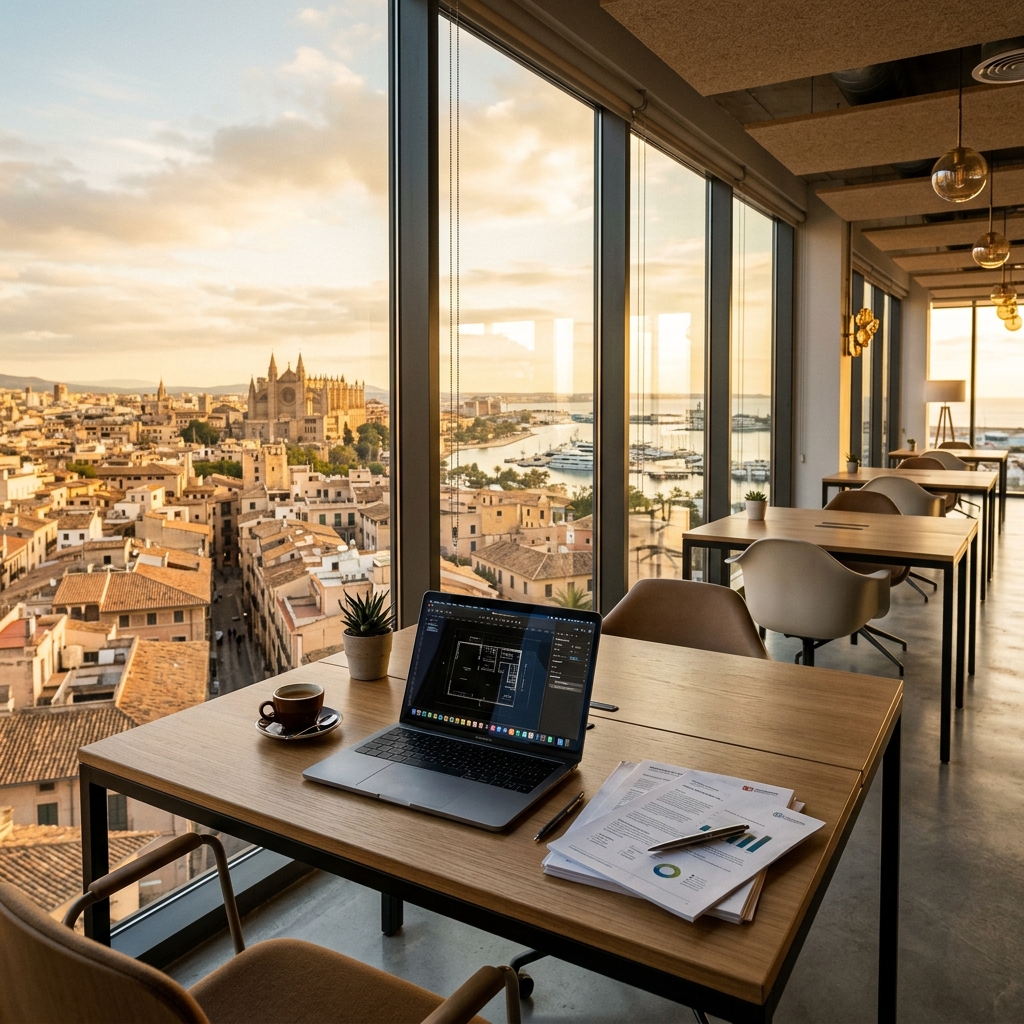 Modernes Büro mit Blick auf Palma de Mallorca bei Sonnenuntergang